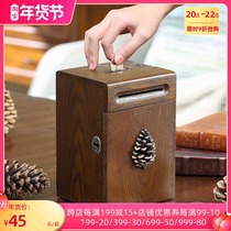 Creative gifts American solid wood desktop coin banknotes piggy bank with lock large storage box