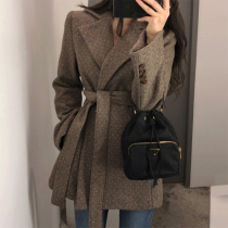 2021 autumn and winter new twill wool little western dress jacket woman coffee color with long lace to collect waist large size