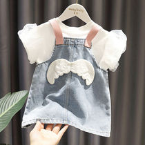Girls back skirt two-piece foreign skirt summer dress Korean version of little girl childrens short-sleeved denim dress set