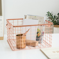 Nordic home electroplating rose gold storage basket metal iron grid storage frame dirty clothes basket sundries desktop furnishings