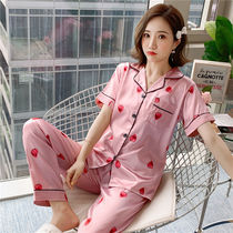 Pajamas female summer simulation silk Korean short sleeve trousers Silk plus size autumn and winter ice silk two-piece home clothing