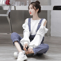 Back with pants Two sets of women 2020 Autumn new white dew shoulder butterfly knot necropolis The Korean version loose blouses Lazy Breeze