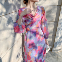 Sanya travel clothes Super fairy 2021 new print beach dress seaside holiday dress waist long sleeve long skirt