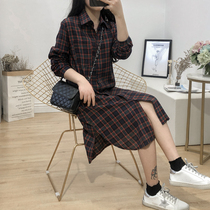 2021 autumn dress new large size womens shirt 200 Jin fat sister loose long plaid shirt dress