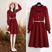 Fan-style knit dress dress 2022 Spring new wine red dolls collar sweater dresses small and slim dresses