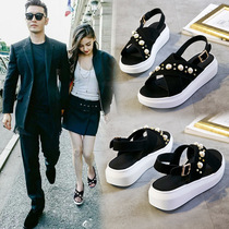 Hong Kong Tide Star Same Sandals Summer New Han Edition Han-heel Link-heel thick-soled pine shoes