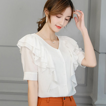 Chiffon shirt female v collar 2021 summer new Korean version of temperament shirt is very fairy small shirt foreign ruffle top