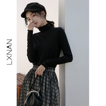 Deer South wooden ear high neck black base shirt female 2021 spring and autumn foreign air long sleeve T-shirt loose inner top