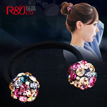 Double round ball rhinestone Hairband hipster leather band hair rope Korean diamond-studded Lady ponytail leather case adult fashion head rope