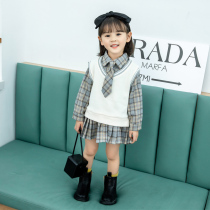 Female childrens waistcoat plaid shirt jumpsuit two-piece set 2020 Spring and Autumn knitted college style pleated skirt set