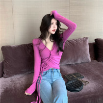 2022 Spring Installation New Foreign Gas V-Collar Design Sensory Lottery Tied with Skinny Long-Sleeved Fashion Shirt Girl