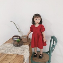South Korean girls Summer red dress Dress Baby New Bubble Cuff Princess Dress Child Foreign Air Short Sleeve Skirt Tide