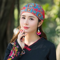 Ethnic style new headscarf retro casual travel all-match trend cotton linen embroidery flower ladies hat