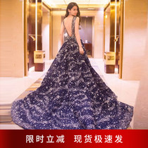Sparkling Starry Sky Skirt Blue Dew Back Banquet Annual Birthday Party Show Host Wedding Dresses Evening Dress