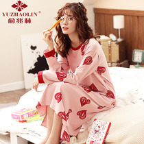 Yu one trillion Lin Sleeping Skirt Woman Autumn Winter Pure Cotton Long Sleeve Han Edition Thin style Spring and autumn pyjamas long dress full cotton Home Gun clothes
