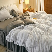 Seersucker four-piece Korean princess style girl heart lace quilt cover sheets bed skirt dormitory three-piece blue