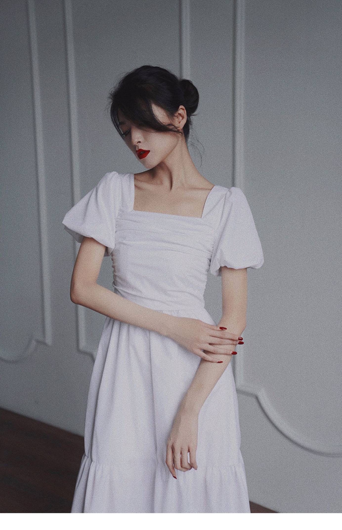 法式茶歇早春chic方领裙子超仙女森系初恋甜美白色泡泡袖连衣裙夏