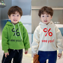 Shrimp paste hemp boys fleece sweater autumn and winter 2022 new style foreign style two-color printed childrens hooded sweater trend