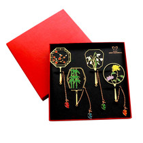 Four Gentlemen Plum Bamboo and Chrysanthemum Fan Brass Metal Tassel Fan Antique Chinese Style Gift Set Wenchuang Gifts