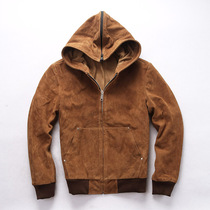 AVFLY velvet top layer cowhide American casual hooded baseball uniform motorcycle leather jacket mens leather jacket