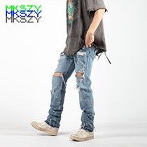 MKSZY autonomous Helmut Lang blue bull breaking hole washed up to make old pull up high street straight barrel jeans male tide