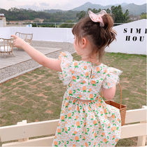 Girls back hollowed-out one-piece dress orange pure cotton midskirt child sleeveless skirt Han version baby Broken Princess Dress