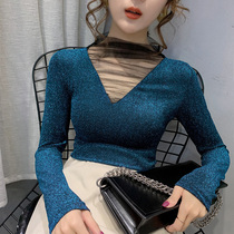 Half-height collar bottoming shirt women wear 2019 autumn and winter new foreign-style European bright gold velvet jacket mesh small shirt tide