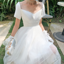 Small light wedding dress 2021 new bridal travel shoot forest super fairy dream high waist cover pregnant womens belly simple light veil