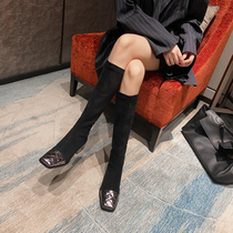 (Lingge studio)boots 2021 new womens stitching stretch boots high knee boots womens spring and autumn boots