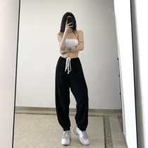 Black High Street Sports Casual Pants Women High Waist Straps Bunches 100 Hitch Design Running Fitness Dancing Long Pants Summer
