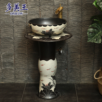 Chinese antique vintage carved lotus fish column basin Sink basin One-piece ceramic column washbasin Garden