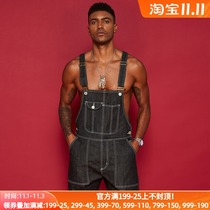 Mbbcar European and American tradesmen heavy wash jumpsuit suspenders backpants workers Red-ear denim jeans men