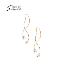 sumni Samini 18K gold simple fresh ear line earrings female Japanese and Korean style artificial pearl pendant dynamic