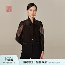 China Ya Ying womens mulberry silk black lace stitching streamer long sleeve shirt 2021 summer new 2223A