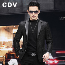 Printed sheepskin Haining leather leather mens suit business slim casual short leather blazer tide 2021