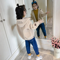 Korean girls foreign-style lamb velvet coat spring and autumn clothing 2021 New Korean children Girl fashion fashion top