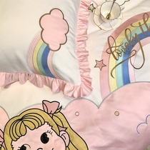 Lovely Princess Wind Rainbow Full Cotton Four Sets Young Girl Hearts Embroidered 1 8m Quilt Cover Bed Gasawara Cotton Bed supplies 4