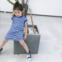 Girls 2021 new summer western style striped sleeveless T-shirt dress little girl Korean casual thin dress