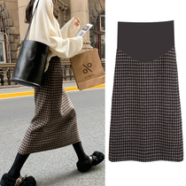 Pregnant womens skirt autumn and winter wear fashionable woolen plaid all-over belly a-step skirt winter maternity dress tide