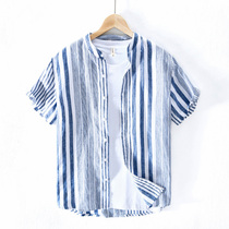 Summer fresh thin round neck striped pure linen shirt mens short sleeve small stand collar harbor wind Joker cotton linen shirt tide