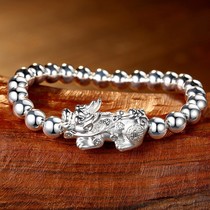 99 sterling silver Pixiu bracelet for men and women lovers silver beads lucky transfer evil spirits simple personality elastic hand string tide
