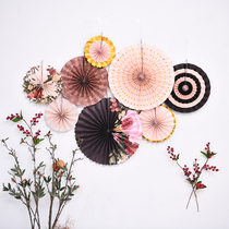 Round paper fan flower folding fan set festival shopping mall decoration birthday party layout wedding background wall hanging decoration pull flower