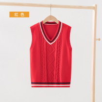 Childrens cotton waistcoat 2021 New Spring Red 5 white boys and girls knitting vest V collar student base shirt
