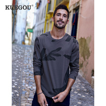 Kuegou mens long sleeves T-shirt mens spring casual round collar pure cotton blouse trendy printed undershirt 88097