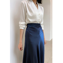 Retro high-waisted elegant and charming midnight blue skirt Autumn Mid-length temperament over knee A- shaped fashionable hip skirt