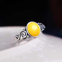Withdrawal Woman S925 pure silver ring empty ToDIY inlaid green pine stone amber wax and field jade female ring Toto 8 * 10