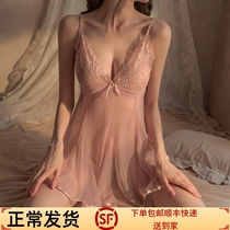 Sexy pajamas womens summer style ice silk mood lace small chest transparent suspender nightdress womens hot hollow gather underwear