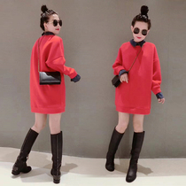 European station long dress female spring and autumn 2021 New European red pullover long sleeve loose fake two-piece coat