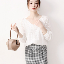 Japanese hollow embroidery bubble sleeve shirt womens 2021 summer new loose cotton V-neck lace blouse top