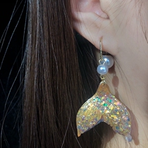 Fantasy colorful orange shiny crystal super fairy mermaid tail pearl girl retro long earrings fairy ear line